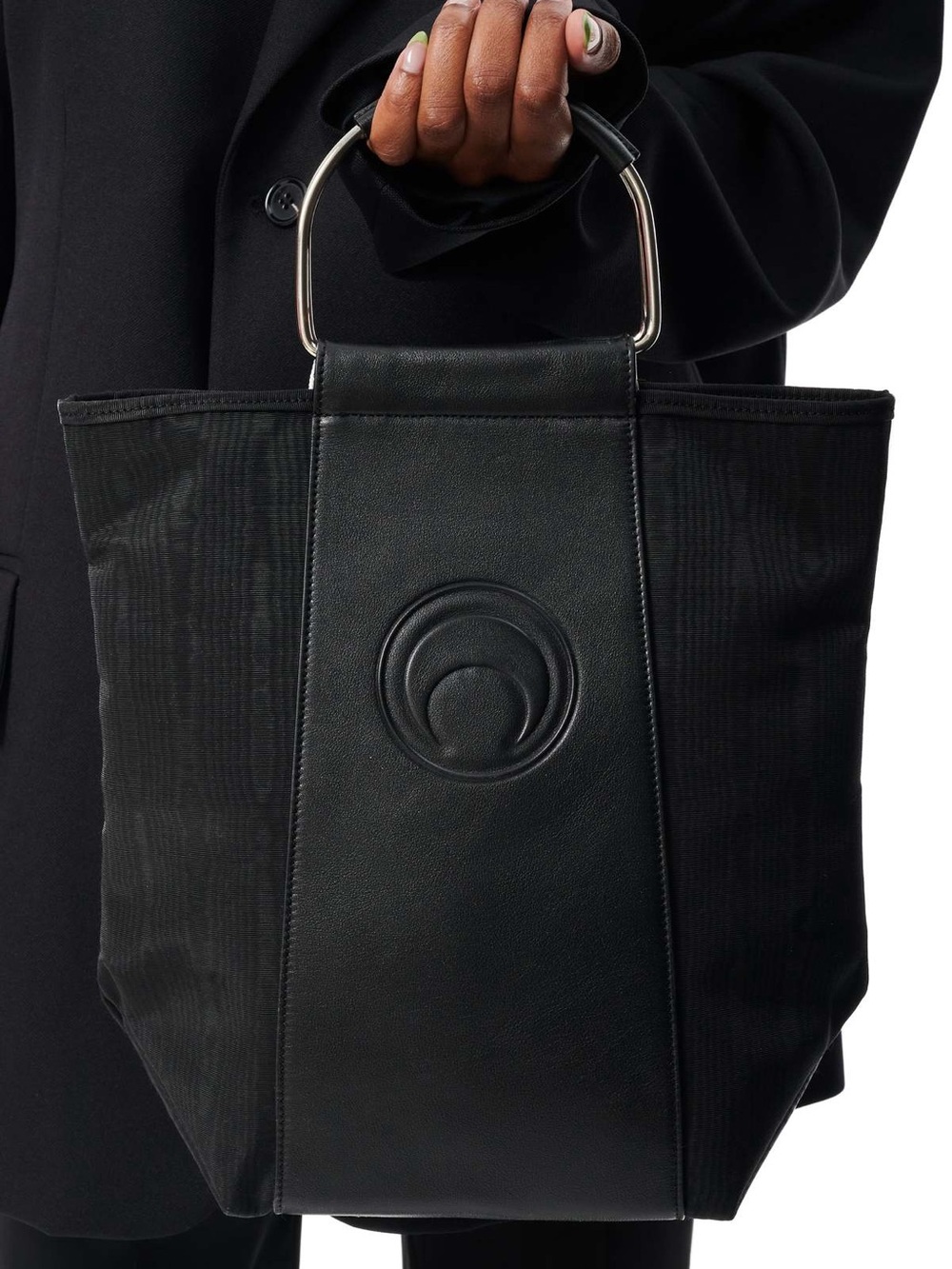 Marine Serre Black Leather & Canvas Tote with Metal Top Handle